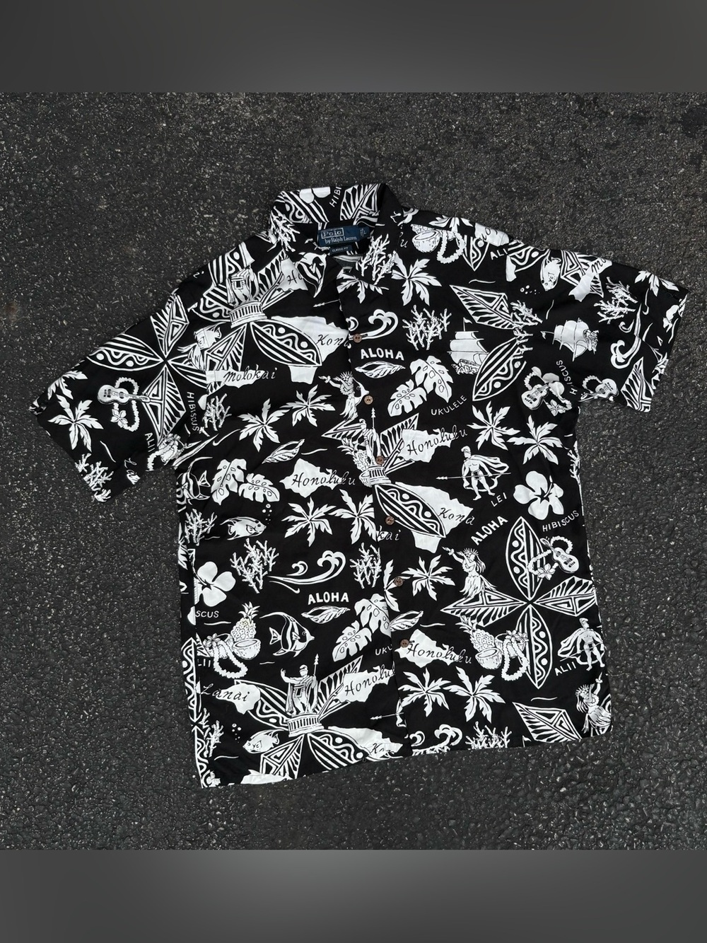 Polo Ralph Lauren Men's Shirt Black Size L Hawaiian Camp Spartan Floral Vintage